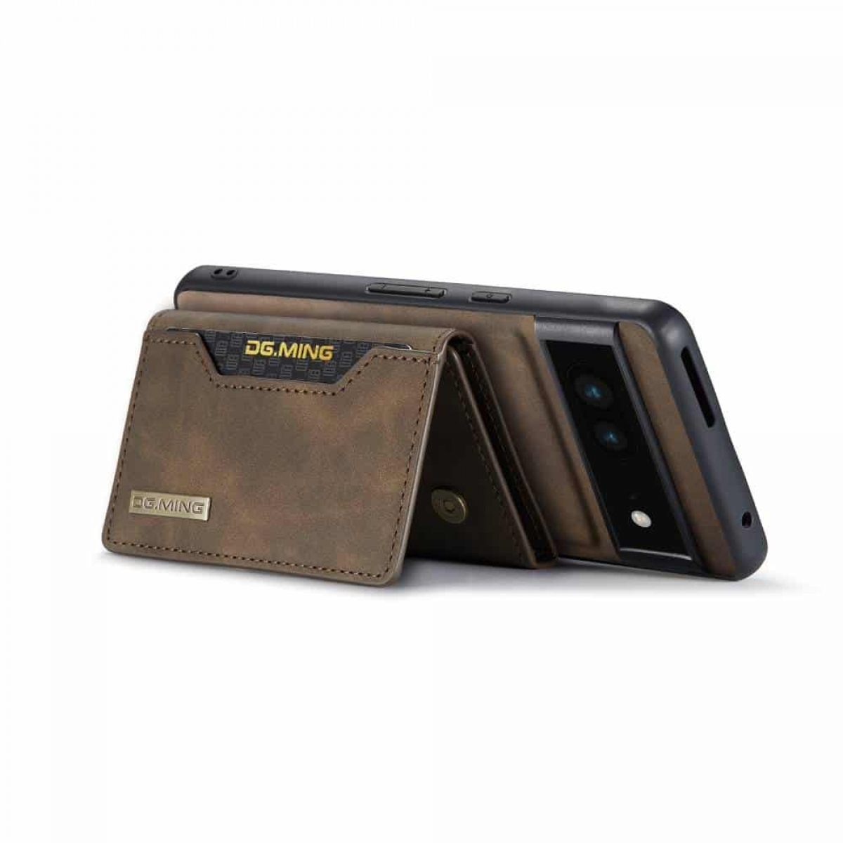 Braune Leder-Handyhülle mit Geldbörsenfunktion, geöffnet, um Karten und ein Telefon zu zeigen.