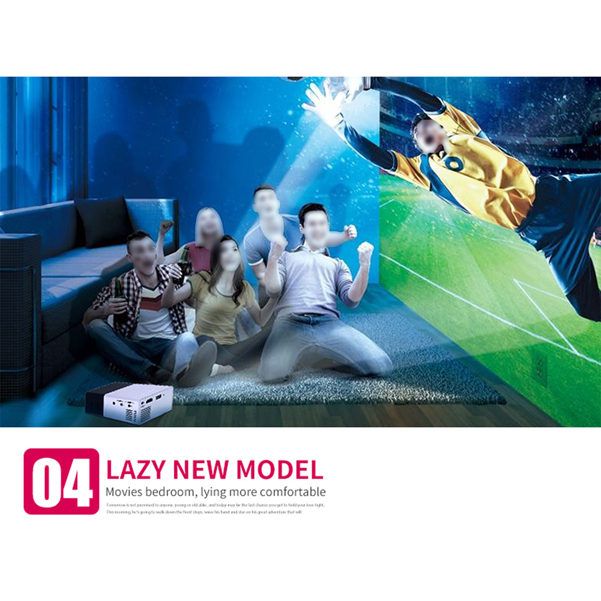Leute schauen einen Film, der an die Wand projiziert wird. Ein Projektor und Text: 'Lazy New Model'.