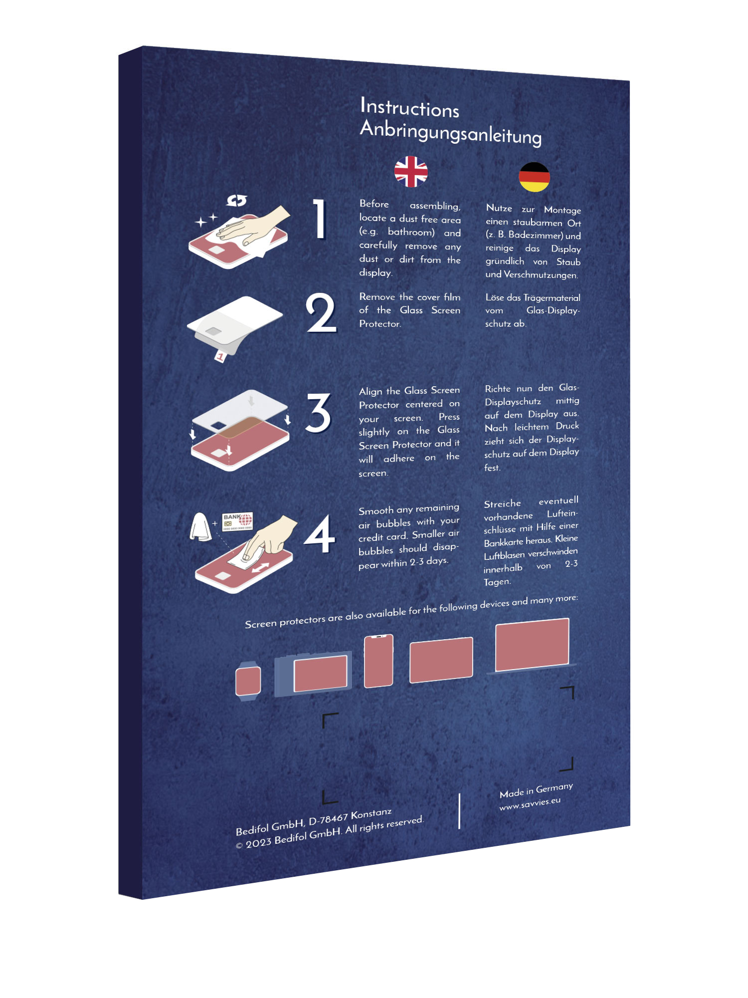 Anleitung zum Anbringen einer Displayschutzfolie, mit Schritt-für-Schritt-Illustrationen und Text.