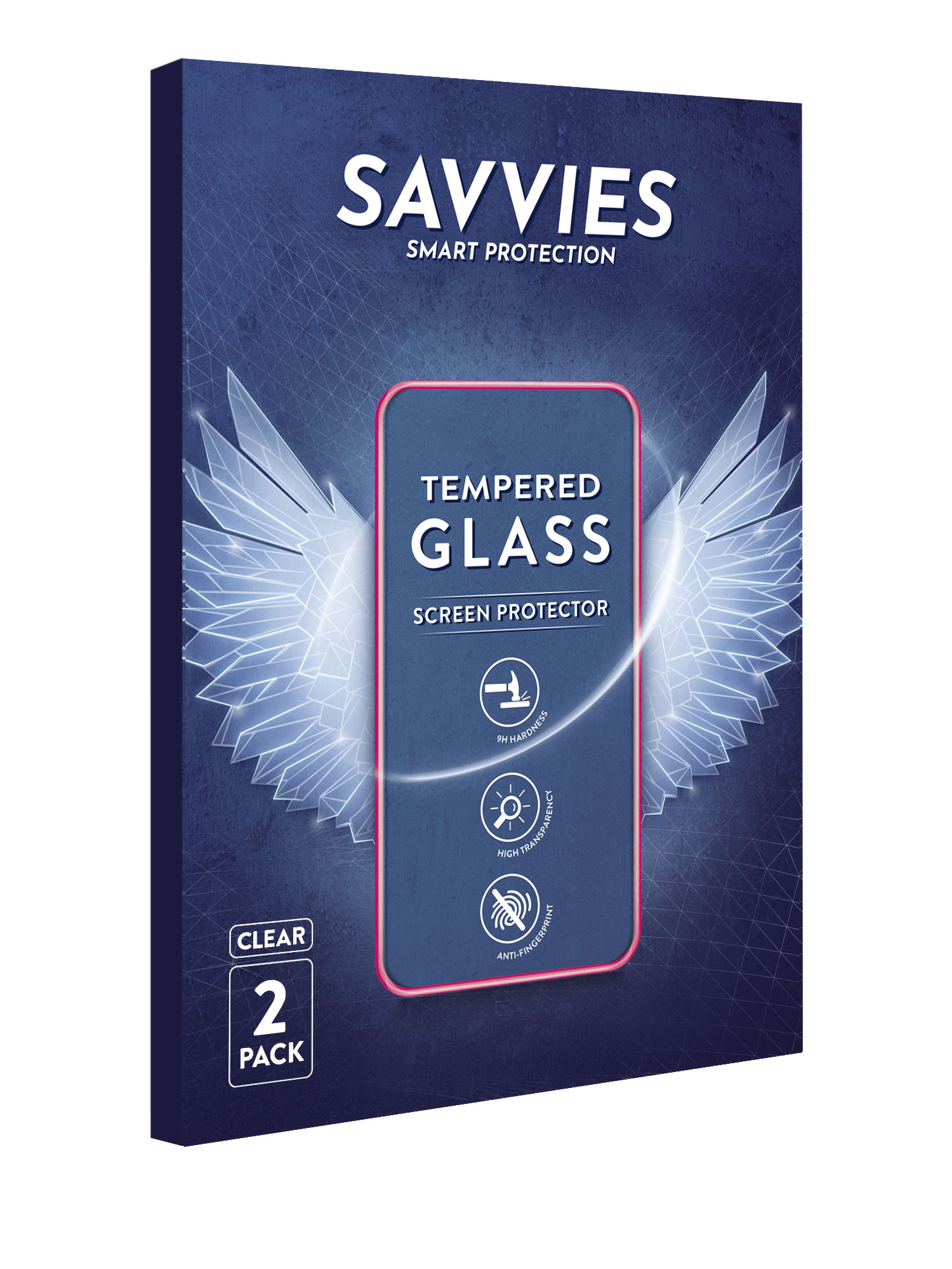 Eine Displayschutzfolienbox mit blauem Hintergrund und dem SAVVIES-Logo.