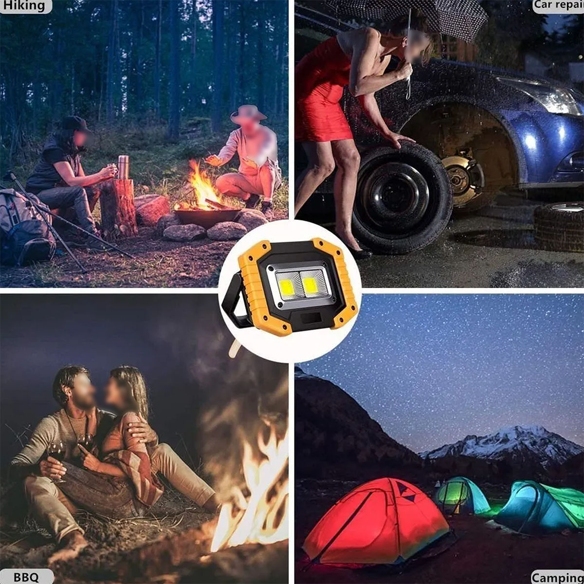 Cuatro escenas: acampada, senderismo, barbacoa y reparación de coches. Una luz portátil está en el centro.