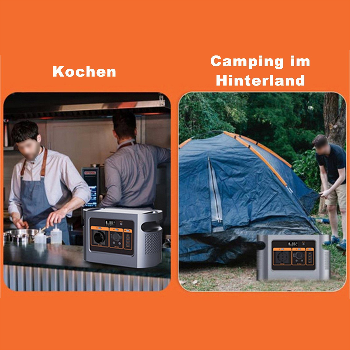 Dos escenas: cocinar en una cocina y acampar con una estación de energía, ambas con el mismo dispositivo.