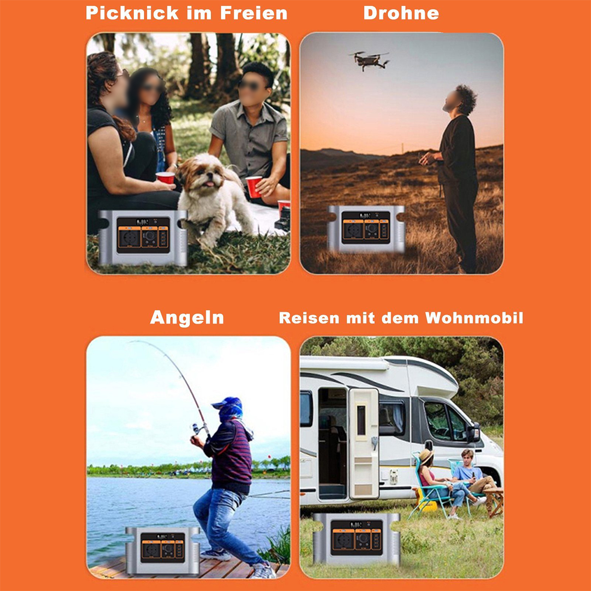 Cuatro imágenes que muestran diferentes actividades al aire libre: picnic, volar un dron, pescar y acampar.