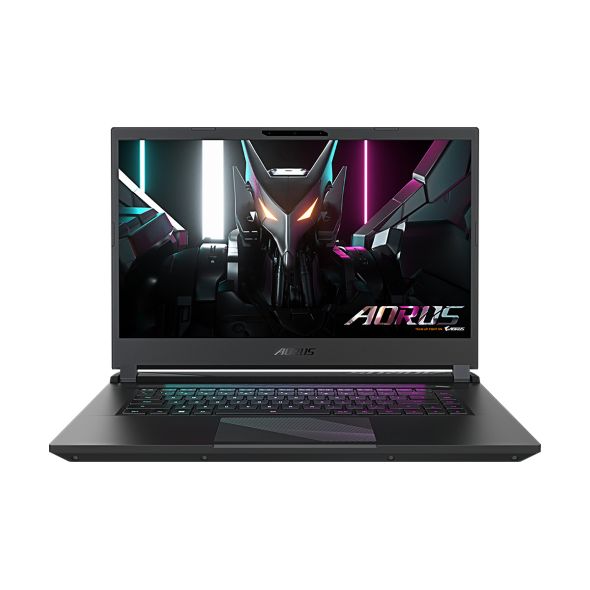 Schwarzer Laptop mit einem Bildschirm, der eine Roboterfigur mit einer bunten Tastatur darunter und dem AORUS-Logo zeigt.