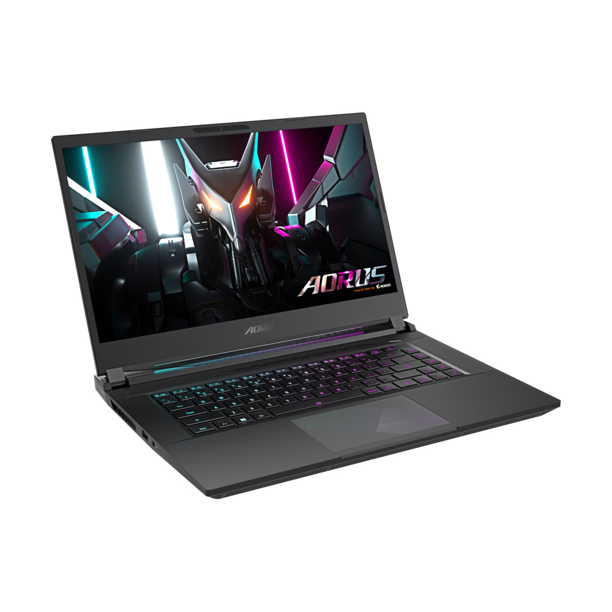 Schwarzer AORUS Laptop auf weißem Hintergrund, geöffnet, zeigt den Bildschirm.