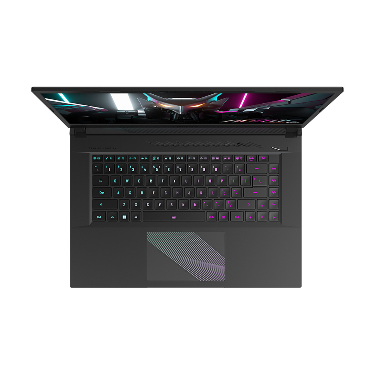 Ein offener schwarzer Laptop mit farbenfroher Tastatur, Trackpad mit Design, auf einem Tisch.
