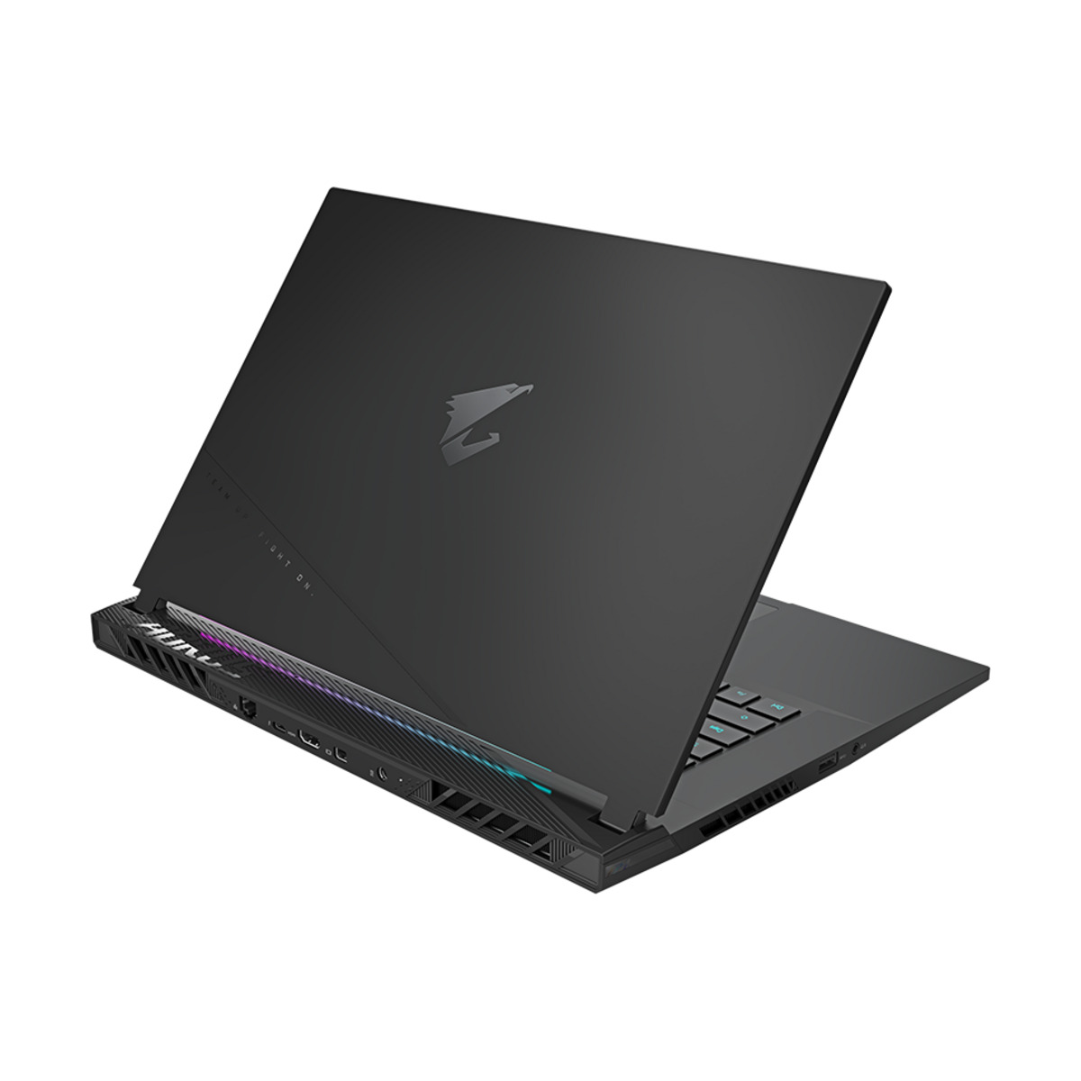 Schwarzer Laptop mit offenem Bildschirm, schräge Ansicht. AORUS-Logo sichtbar. Weißer Hintergrund.