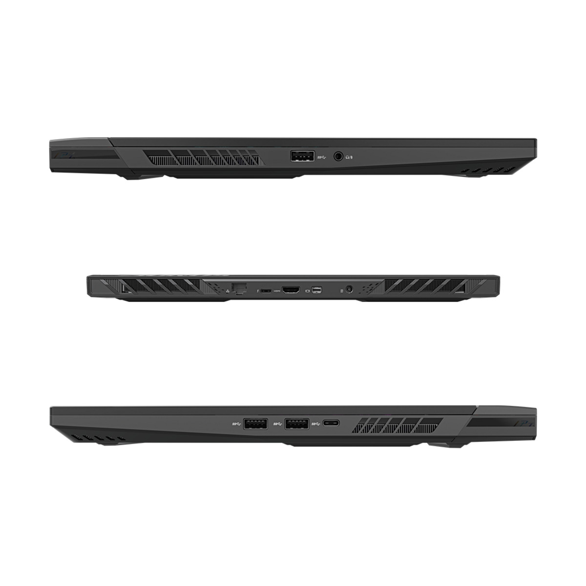 Drei Ansichten eines schwarzen Laptops, die Anschlüsse, Lüftungsöffnungen und ein Seitenprofil zeigen.