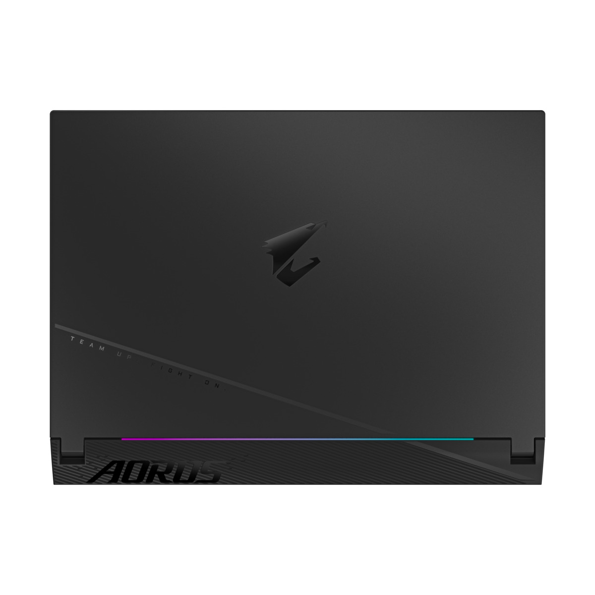 Schwarzer Laptop mit beleuchteter Tastatur, Draufsicht, mit AORUS Logo und Text.