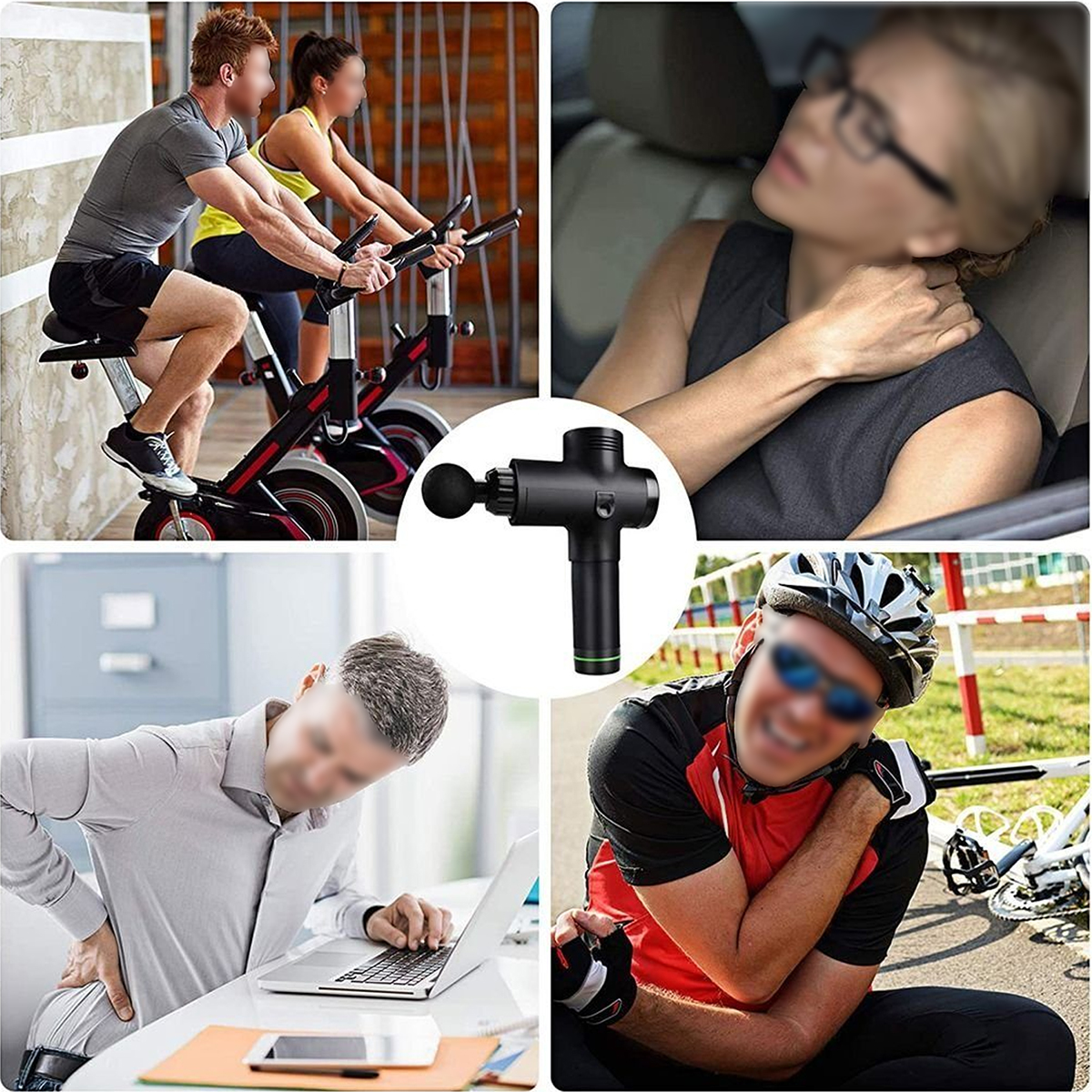 Collage: gente haciendo ejercicio, usando pistola de masaje y con dolor de espalda/cuello, con una pistola de masaje.
