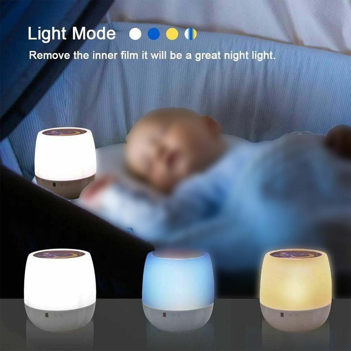 Luz nocturna, tres lámparas de diferentes colores y un bebé durmiendo en el fondo.