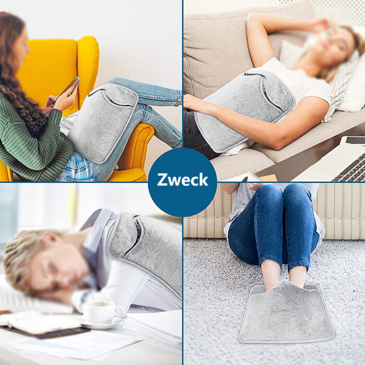 Bilder zeigen ein graues Heizkissen in verschiedenen Anwendungen, wie auf Beinen, Rücken und Füßen.