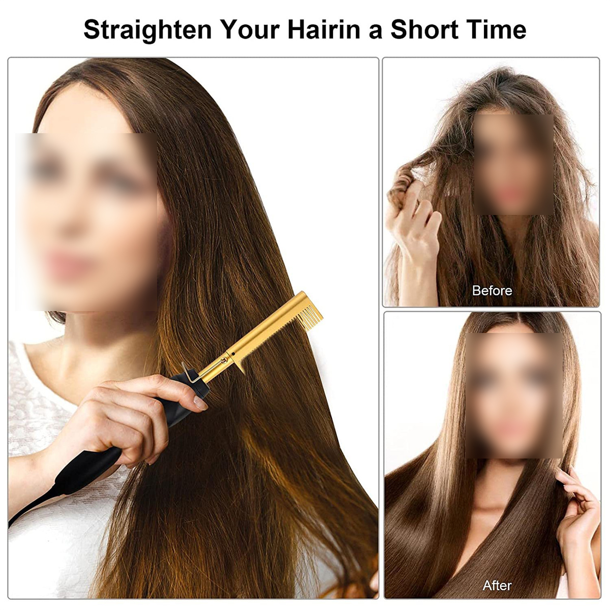 Bilder zeigen eine Frau, die Haare mit einem goldfarbenen kammartigen Werkzeug glättet.