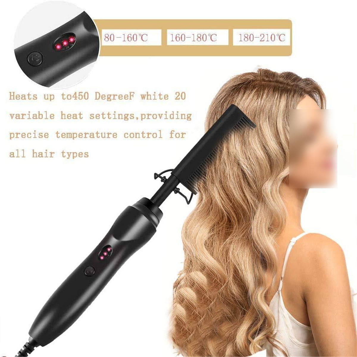 Das Haar einer Frau wird mit einem schwarzen Haarglättungskamm gestylt. Text: Erhitzt sich auf 450F.