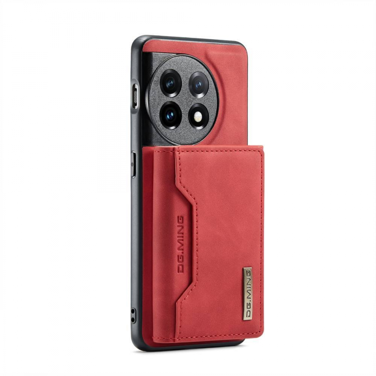 Rote Leder-Handyhülle mit Portemonnaie, befestigt an einem schwarzen Telefon mit Kameralinsen.