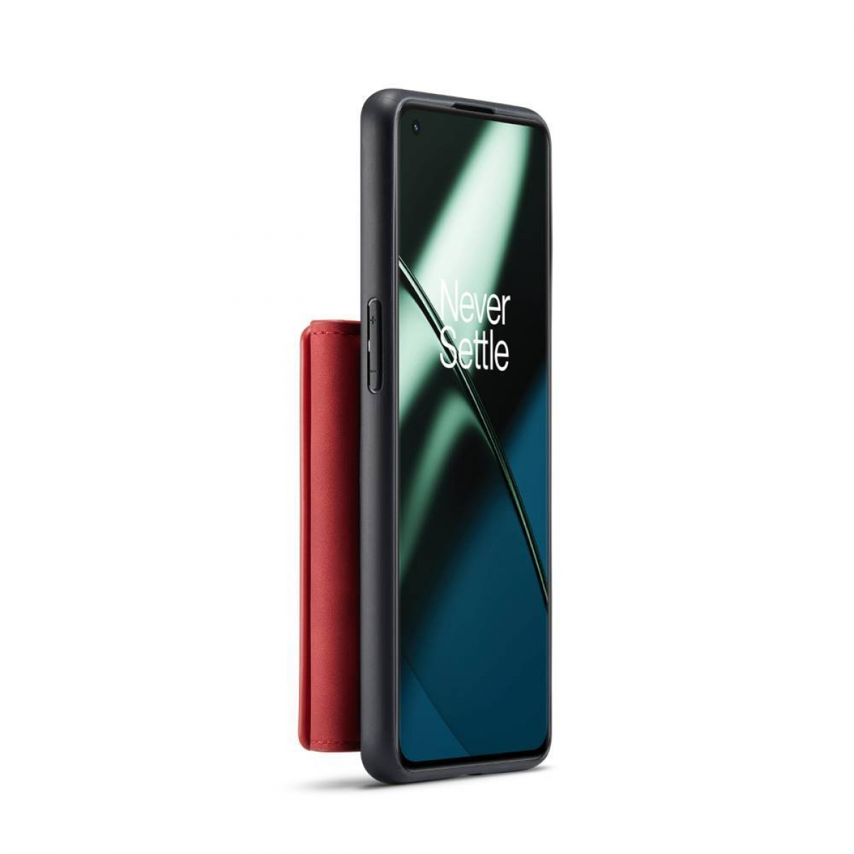 Schwarzes Telefon mit roter Hülle. Telefon ist schwarz mit Bildschirm. Hülle ist rot und am Telefon befestigt.