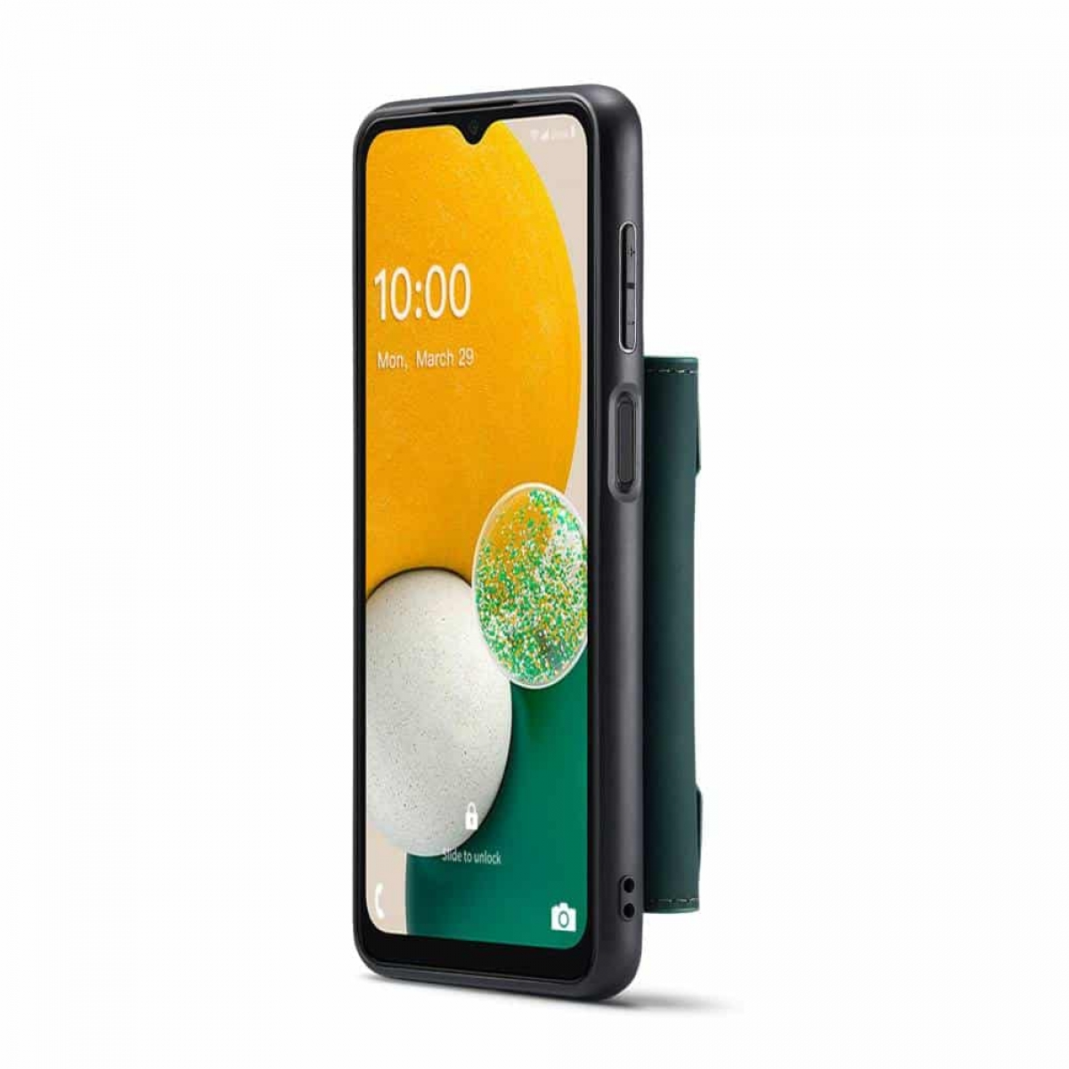Smartphone mit Hülle, die Zeit und Datum anzeigt. Die Hülle hat einen Kartenhalter.