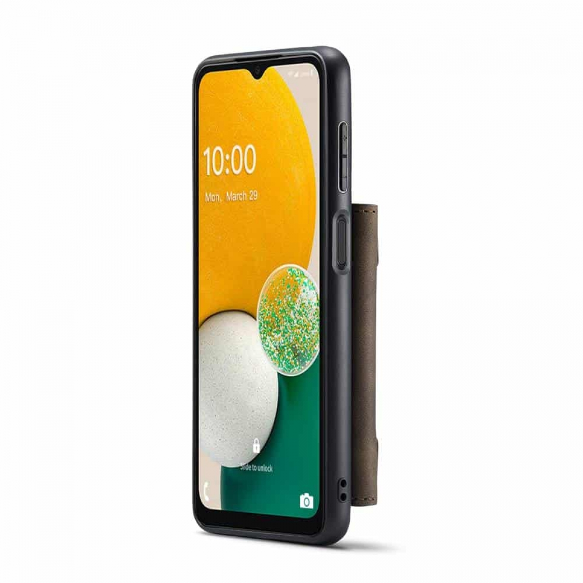 Ein Smartphone mit Hülle. Der Bildschirm zeigt die Uhrzeit und einen Sperrbildschirm an. Die Hülle ist schwarz.