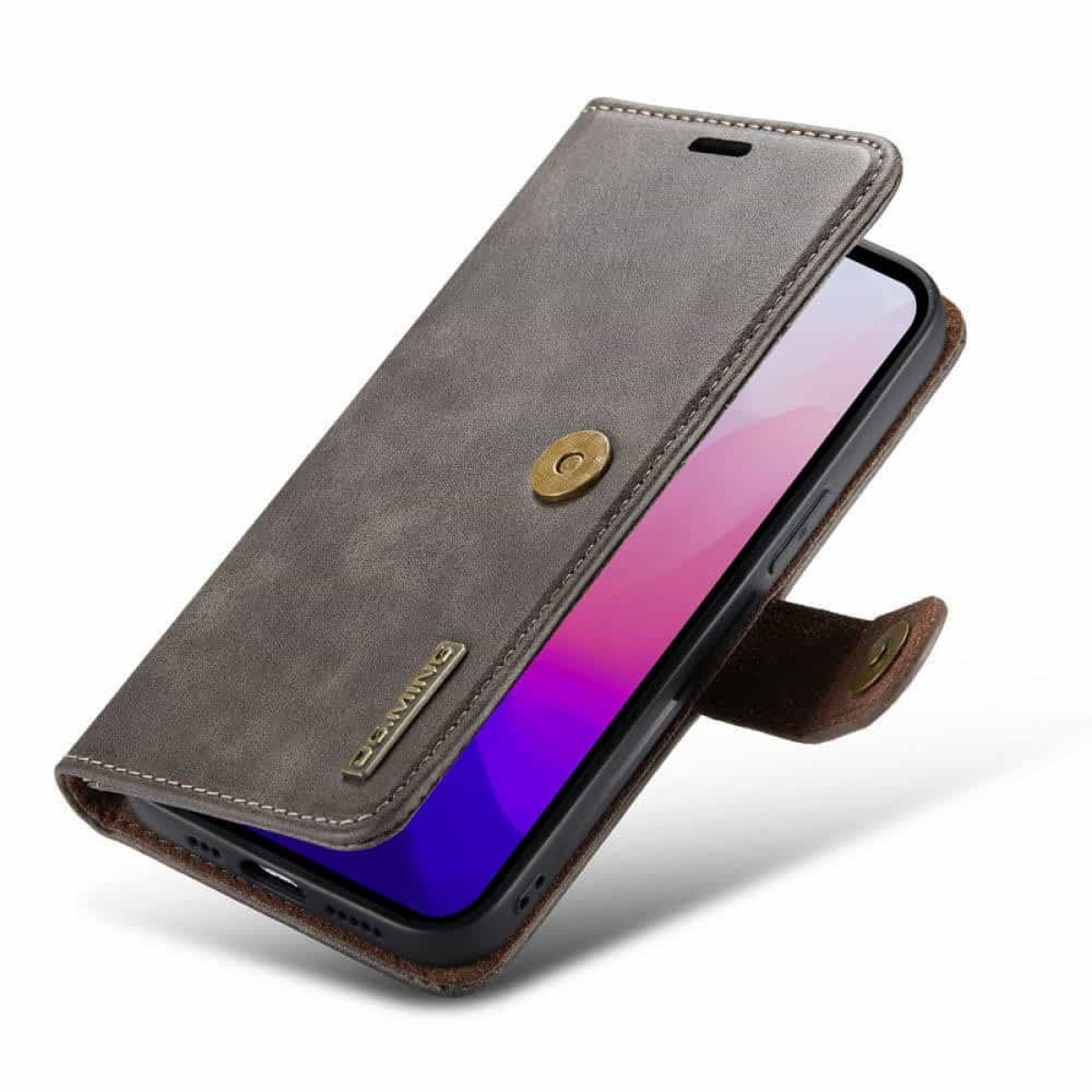 Eine graue Leder-Handyhülle mit einem Telefon darin, geöffnet, um den Bildschirm zu zeigen.