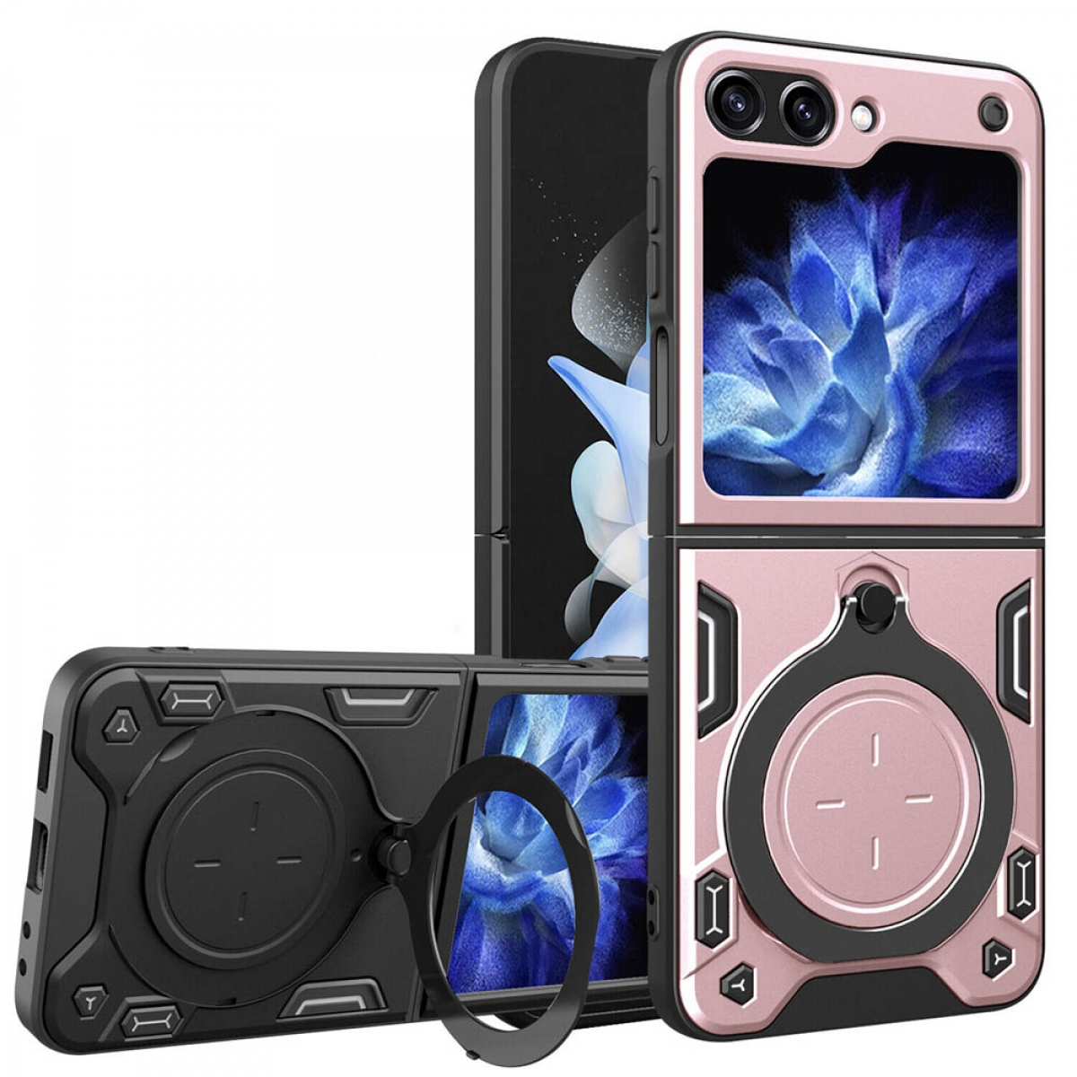 Drei Telefonhüllen, zwei offen, eine geschlossen, für ein faltbares Telefon. Rosa und schwarze Farben.