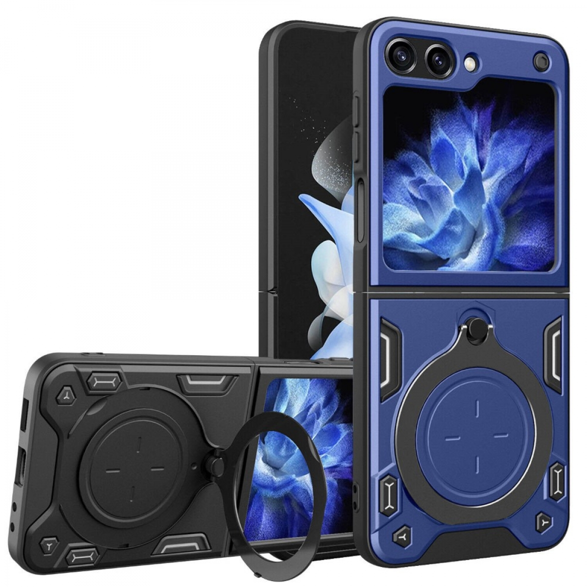 Blau-schwarze Handyhülle. Handyhülle öffnet sich, um ein Telefon und einen Ringhalter freizugeben.