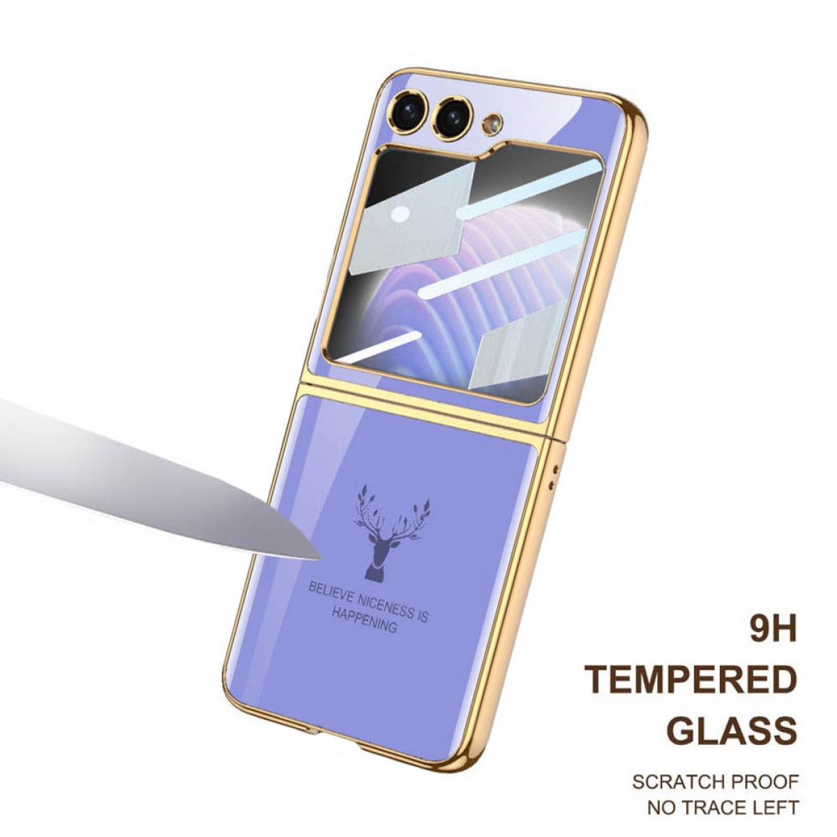 Eine Handyhülle mit Glasdesign, goldfarbenen Zierleisten und einem lila Rücken. Enthält Text und eine Messer-Grafik.
