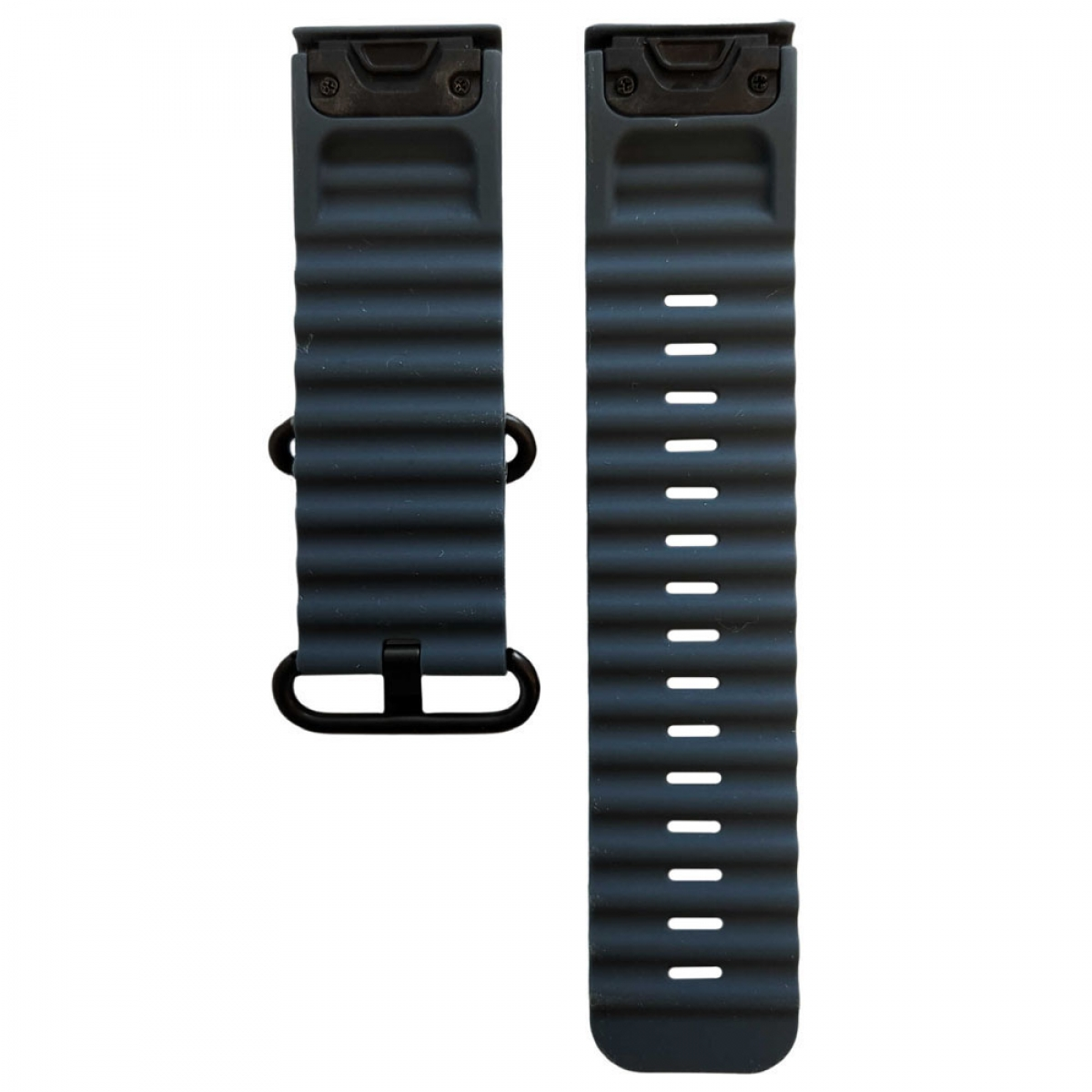 Zwei graue Uhrenarmbänder, schwarze Verschlüsse. Die Armbänder haben ein strukturiertes, geriffeltes Design.