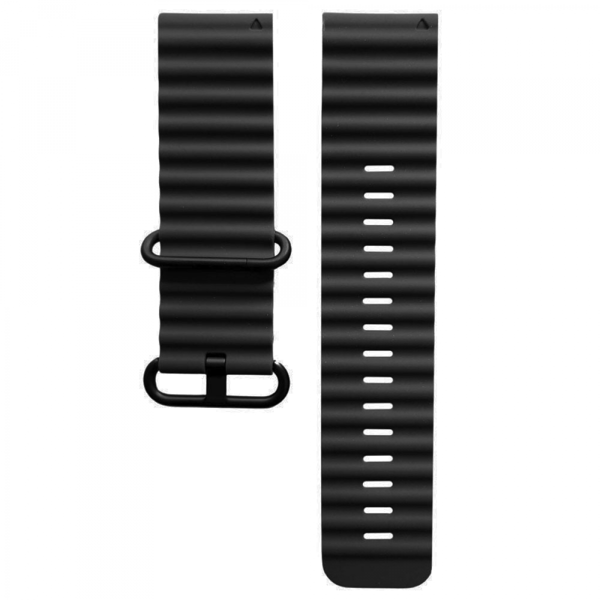 Zwei schwarze, geriffelte Uhrenarmbänder, eines mit Schnalle, liegen vor weißem Hintergrund.