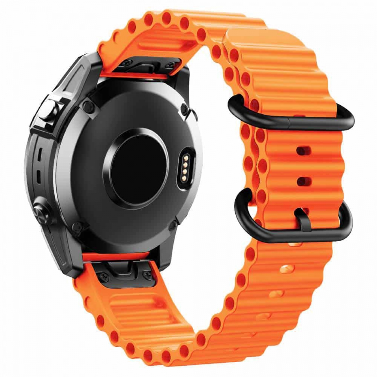 Oranges Uhrenarmband mit schwarzen Steckern. Schwarzes Uhrengehäuse. Weißer Hintergrund.