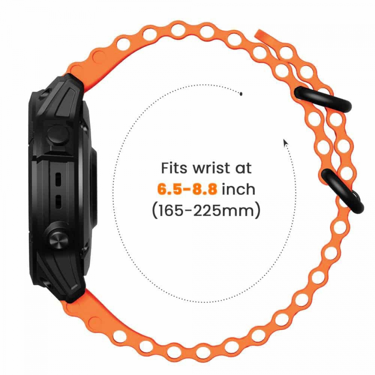 Orange Smartwatch mit schwarzem Zifferblatt und Armband, passend für Handgelenke von 6,5-8,8 Zoll.