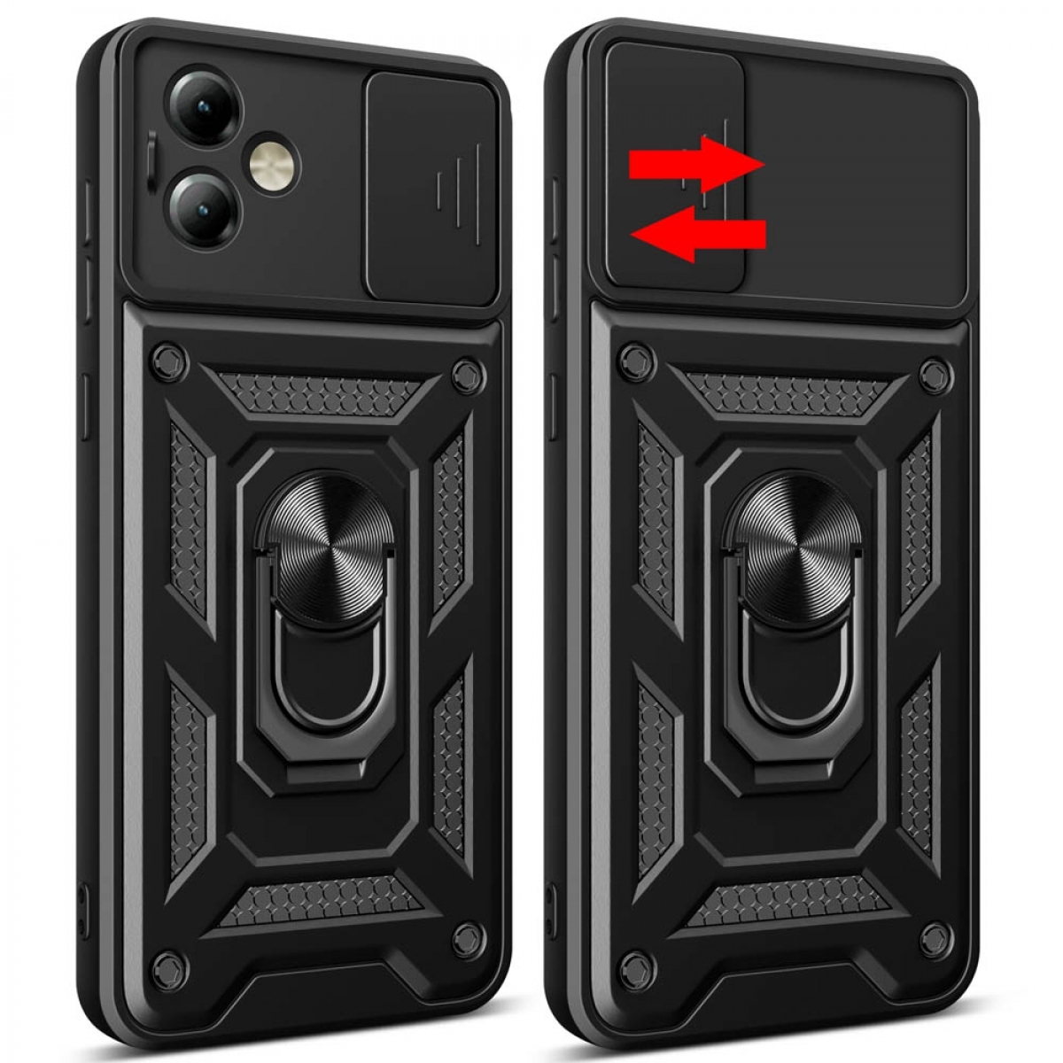 Schwarze Handyhülle mit Kameraabdeckung, Ringhalter und strukturiertem Design, zwei Ansichten.