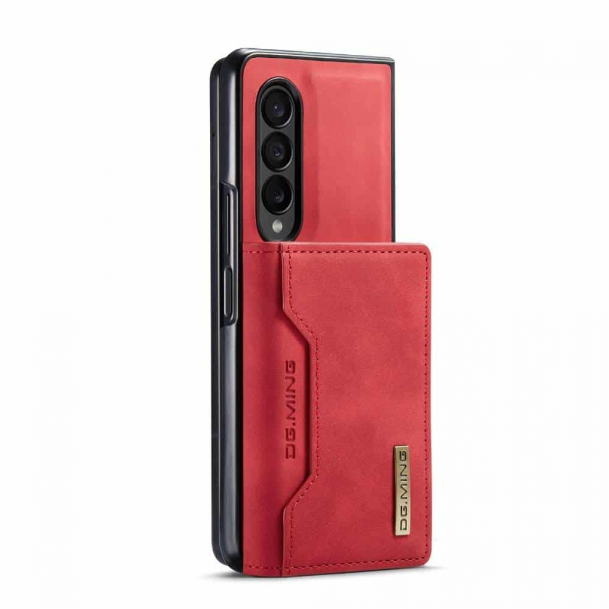 Eine rote Leder-Handyhülle mit Kartenhalter auf der Rückseite des Telefons.
