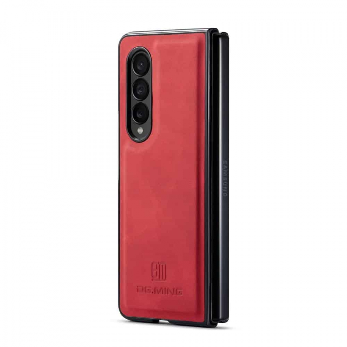 Rotes faltbares Telefon in einer Hülle, geschlossen. Das Telefon hat ein Dreifachkamerasystem.