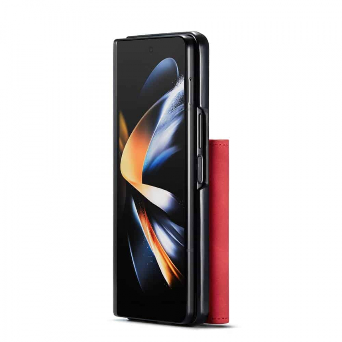 Faltbares schwarzes Telefon mit rotem Portemonnaie. Der Bildschirm des Telefons ist geöffnet.