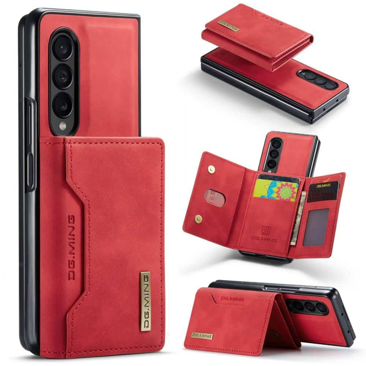 Eine rote Handyhülle, die sich öffnet und ein Portemonnaie freigibt. Ein Telefon ist drin, mit D.G. MING Logo.