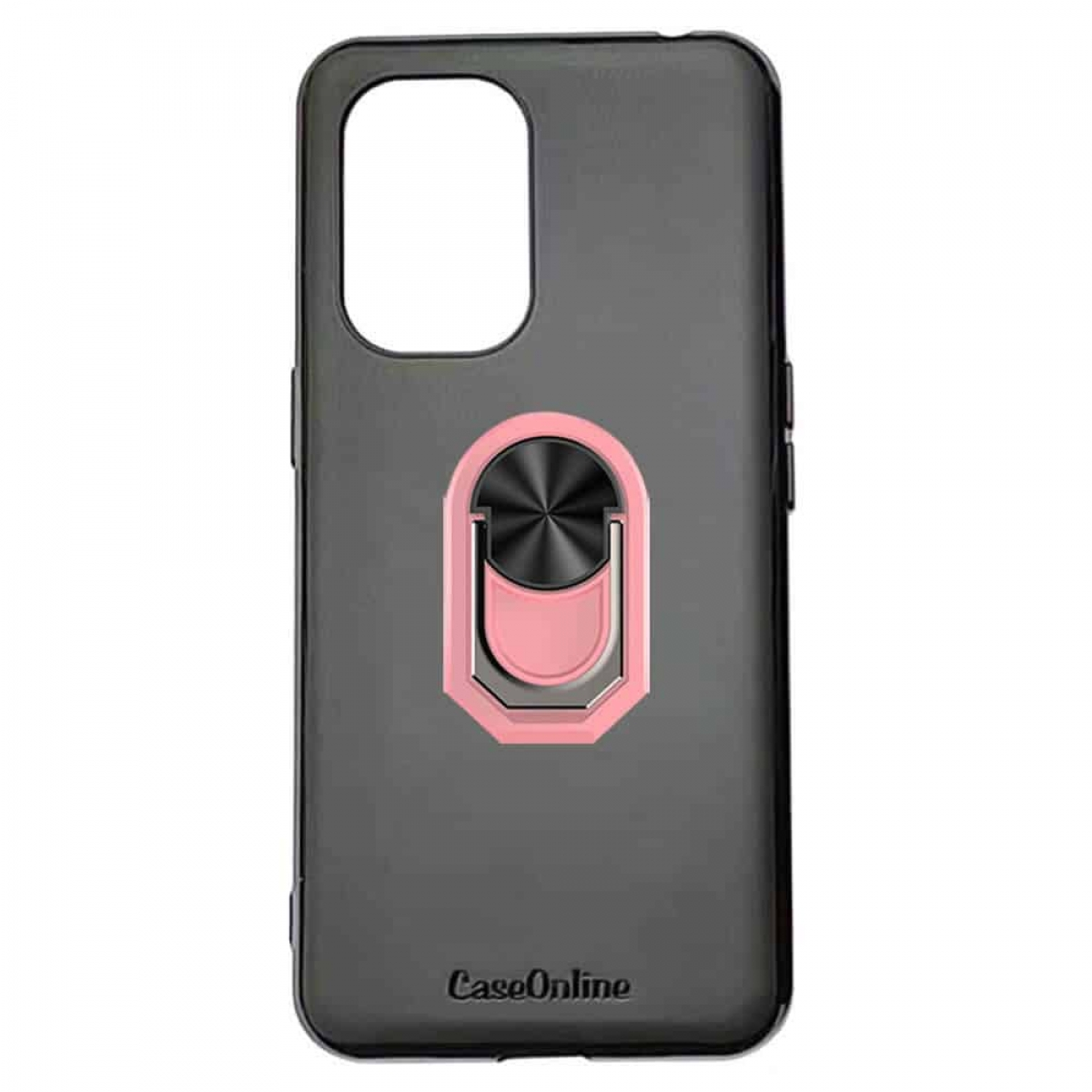Schwarze Handyhülle mit pinkfarbenem Ringhalter. Der Markenname CaseOnline steht unten.