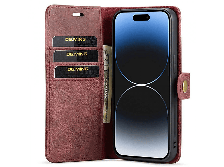 DG MING 2in1, Plus, Bookcover, iPhone 15 Rot Apple