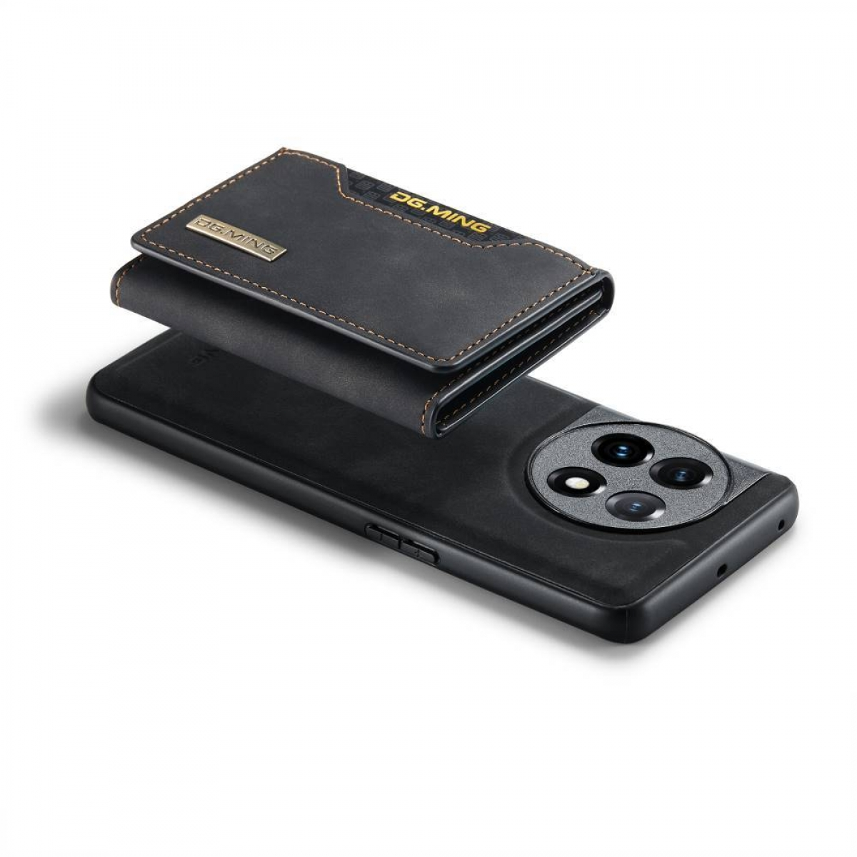 Schwarze Handyhülle mit Kartenhalter. Die Hülle befindet sich auf einem Telefon mit kreisförmigem Kameramodul.