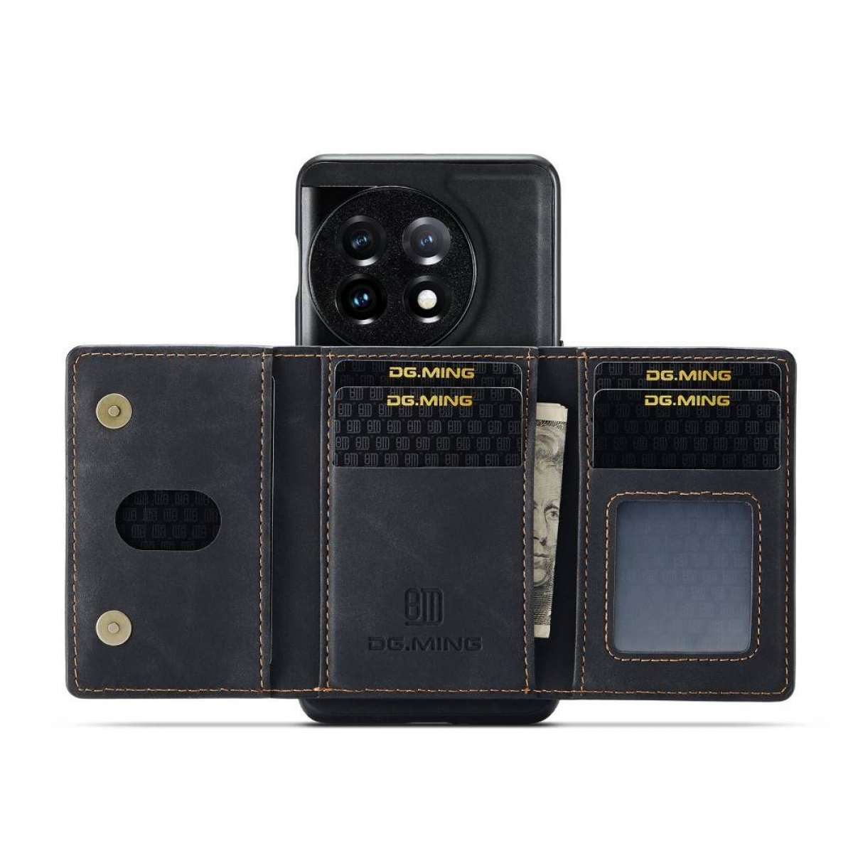 Ein schwarzes Telefon mit einer geöffneten schwarzen Brieftasche. Die Brieftasche enthält Karten und einen Geldschein.