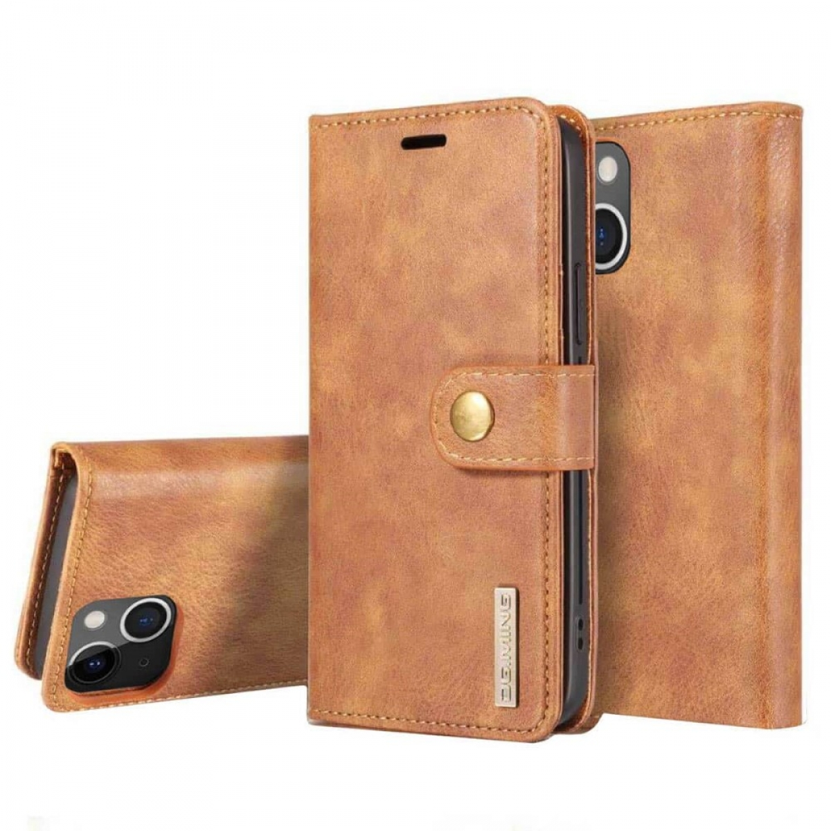 Braunes Leder-Handycase mit Knopfverschluss, offen um Telefon freizulegen. Zwei weitere Cases sind sichtbar.