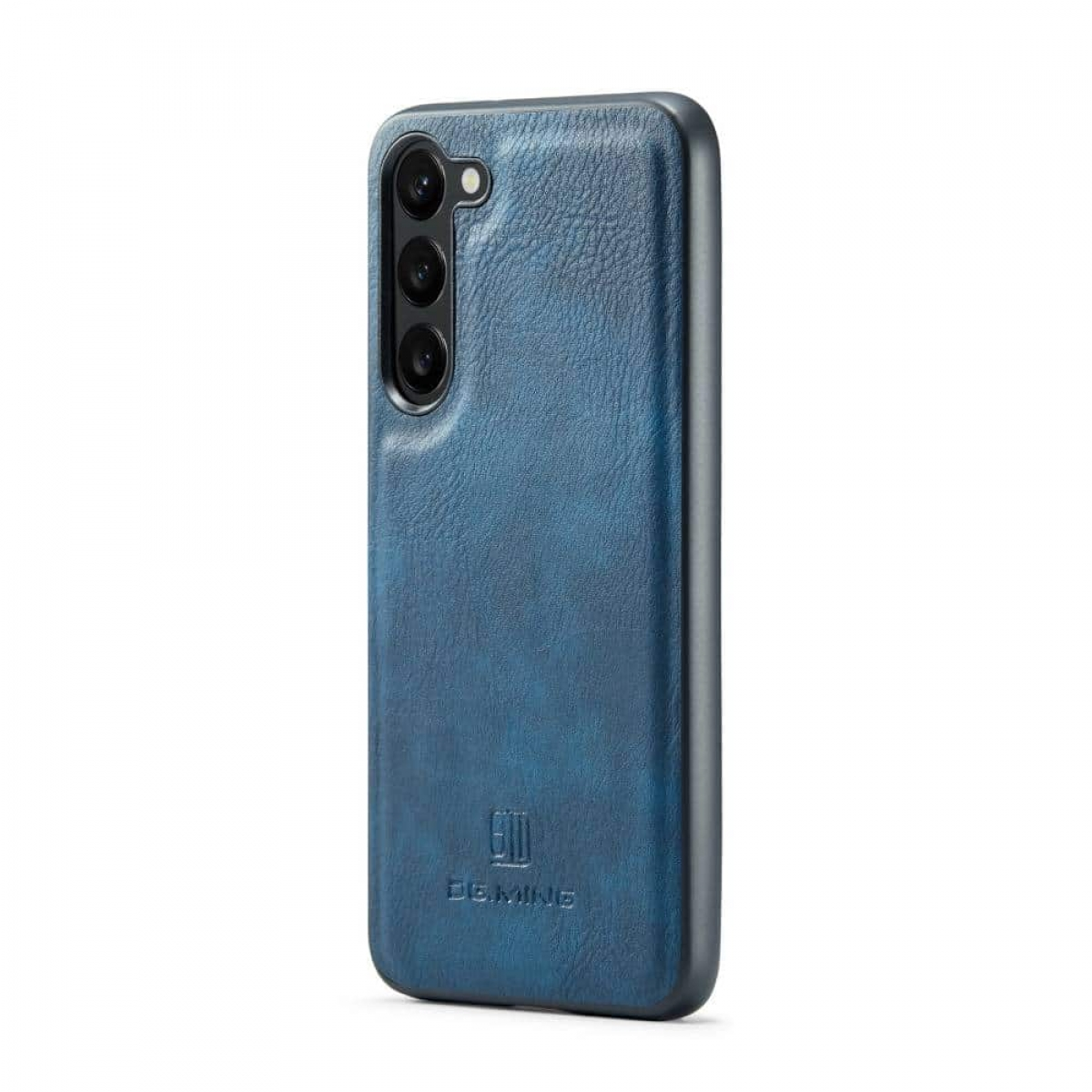 Blaue Leder-Handyhülle mit Kameraausschnitten und Logo. Die Hülle hat eine strukturierte Oberfläche.