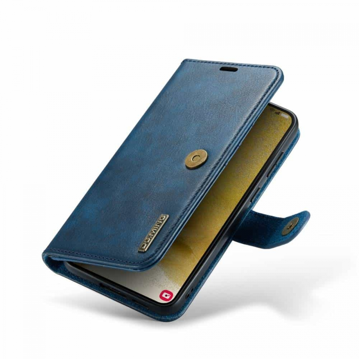Eine blaue Leder-Handyhülle mit Magnetverschluss.
