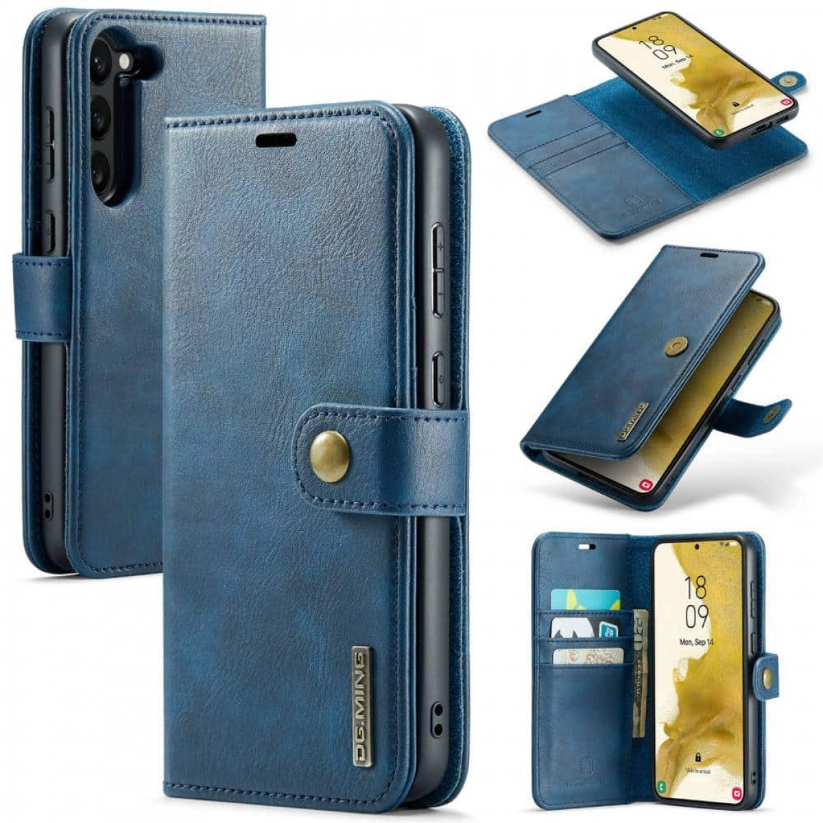 Blaue Leder-Handyhülle mit verschiedenen Winkeln. Mit Kartenfächern und Magnetverschluss.
