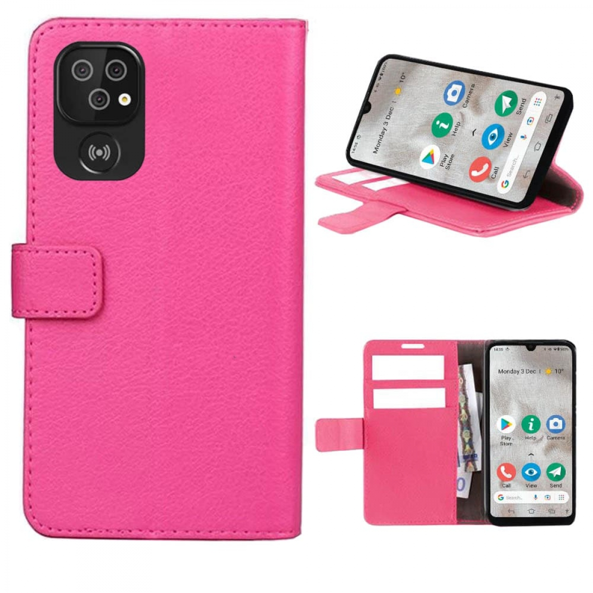 Eine rosa Handyhülle mit Telefon, mit Kamera, mit Bildern des Bildschirms.
