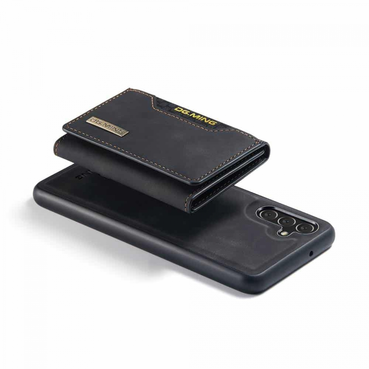 Eine schwarze Handyhülle mit angebrachtem Portemonnaie. Ein schwarzes Telefon ist darin. Das Portemonnaie ist offen und leer.