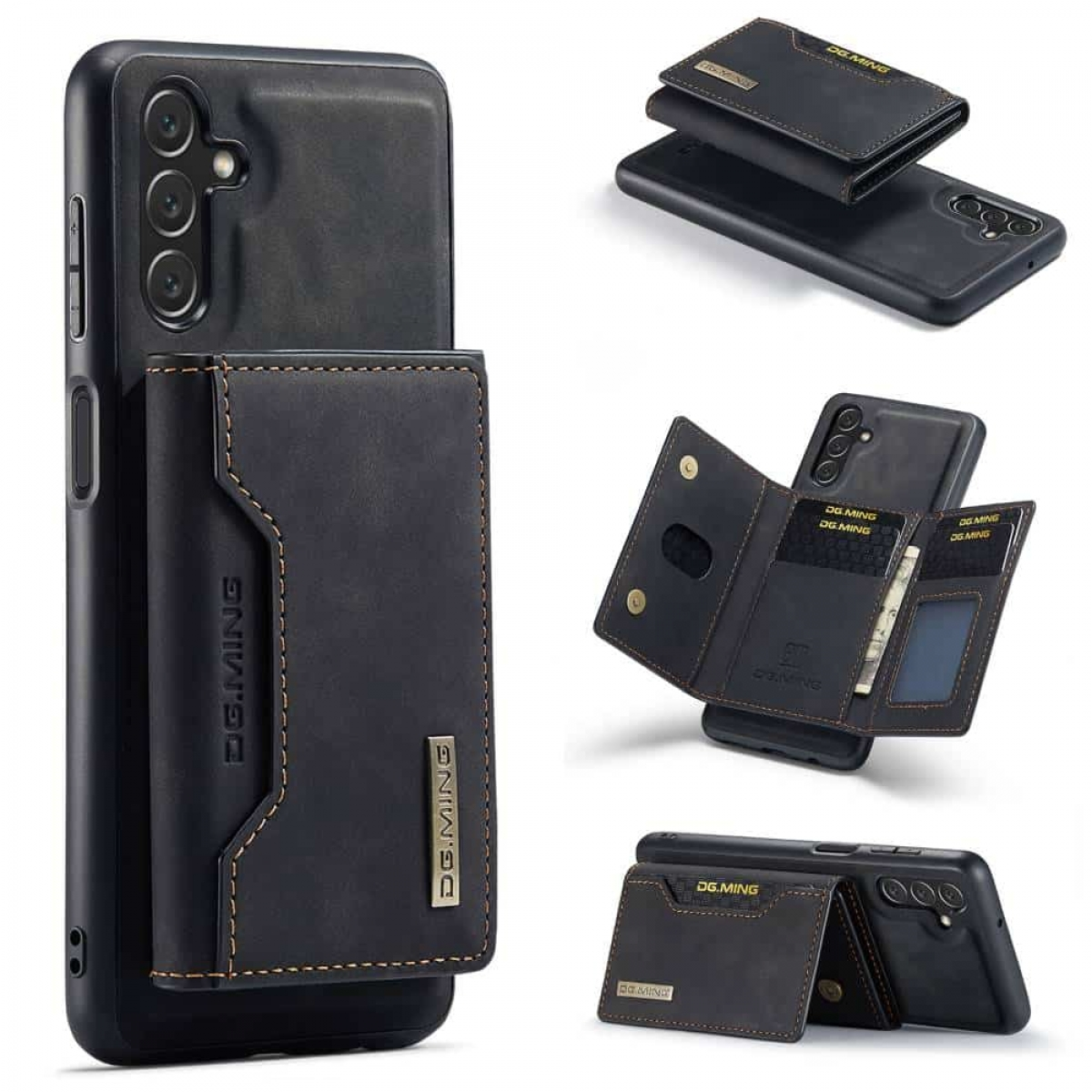 Schwarze Handyhülle mit angebrachtem Portemonnaie, zeigt verschiedene Ansichten von Portemonnaie und Handy.