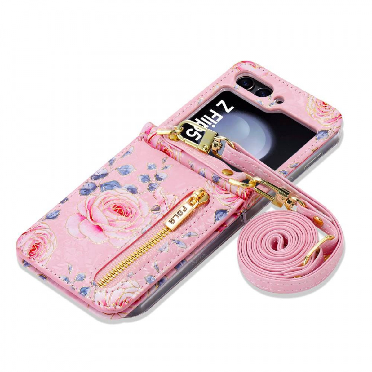 Rosa florales Handy-Case mit Portemonnaie. Ein Telefon im Case und ein Gurt mit Gold.