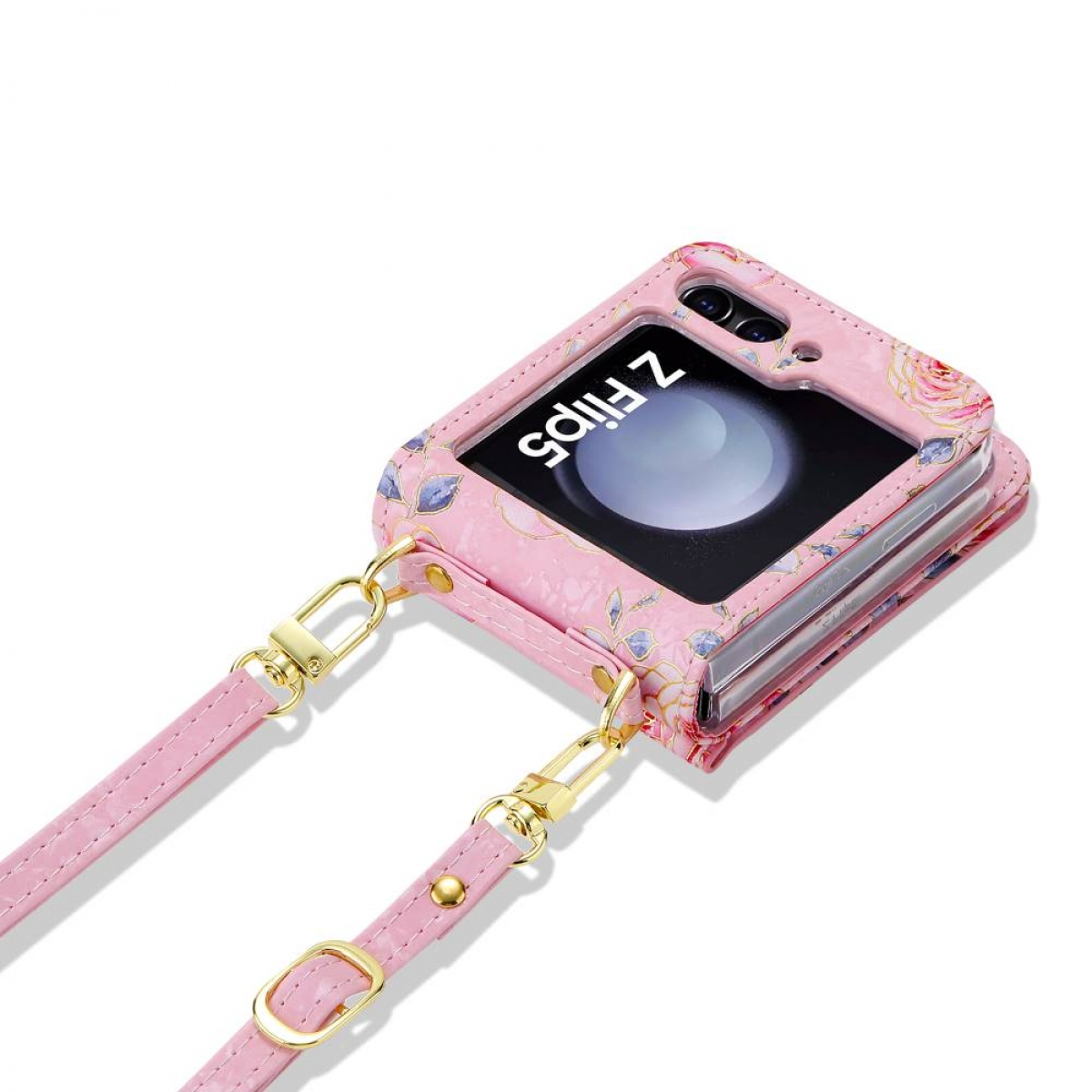 Pinke Handyhülle mit Riemen. Die Hülle hat ein Blumendesign, und ein Telefonbildschirm wird angezeigt.