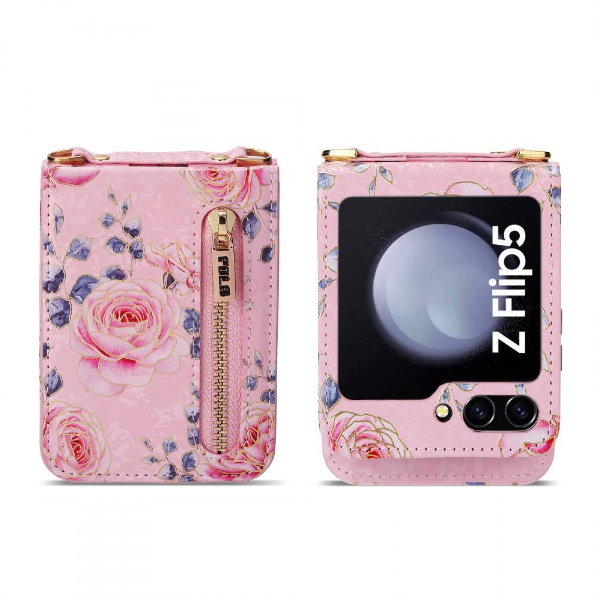 Eine rosa, blumige Handyhülle mit Reißverschluss und Telefon, zeigt das Modell Z Flip5.