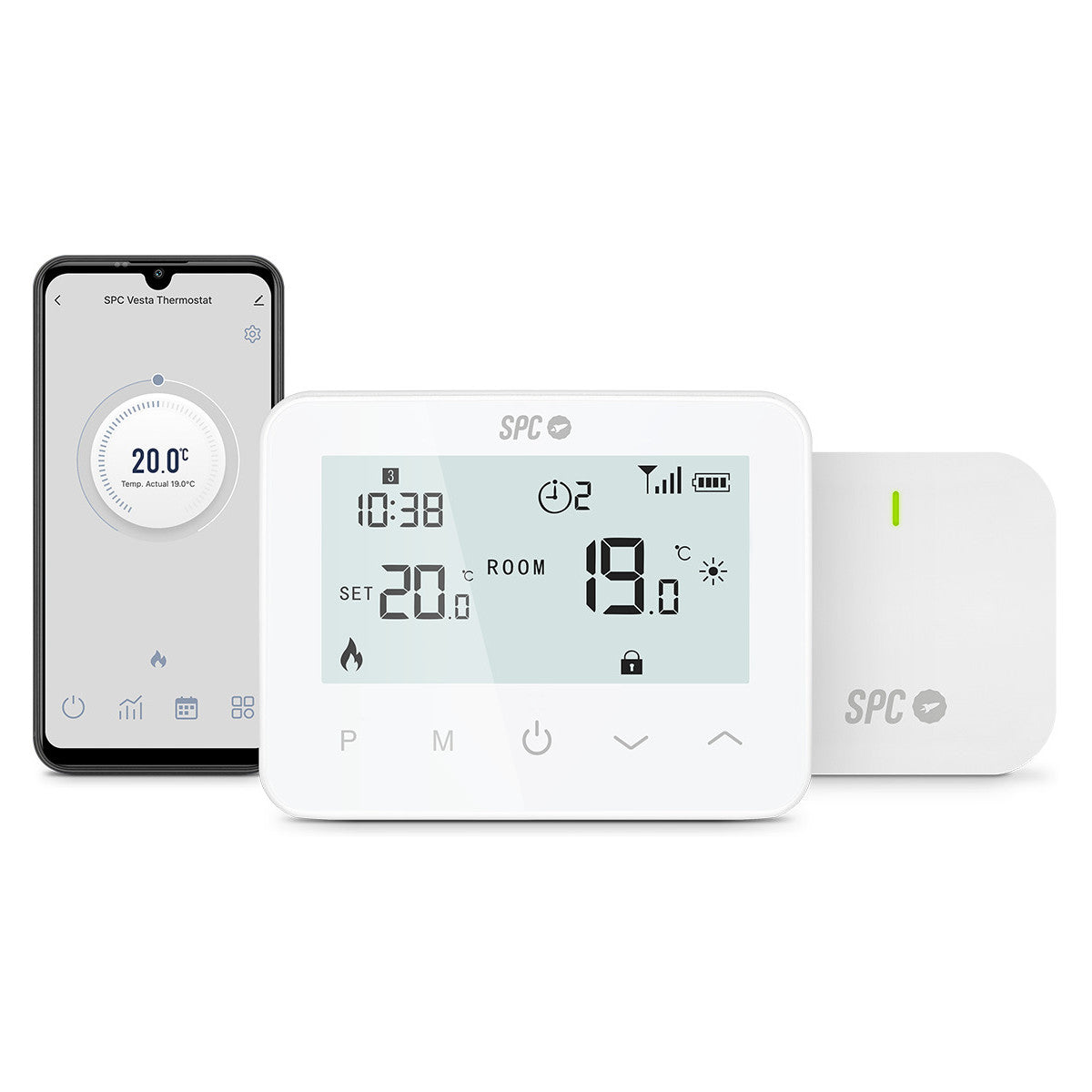 Un termostato inteligente y un teléfono móvil que muestra la temperatura, con fondo blanco.